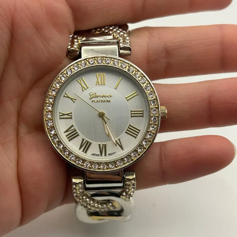 Geneva Platinum Women's Two-Tone Rhinestone Bezel Bangle Watch New Battery